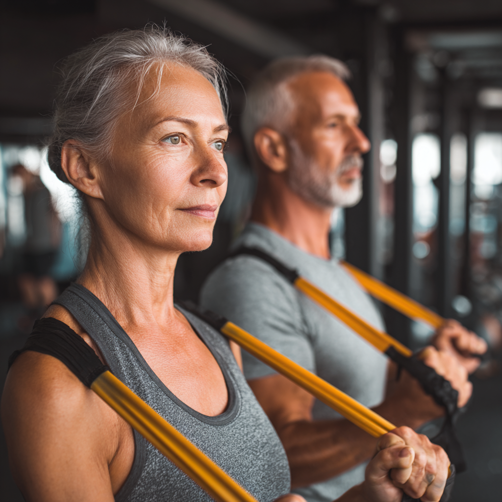 mature adults practicing strength training with resistance bands