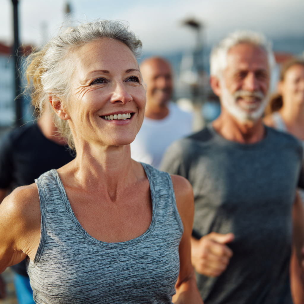 middle-aged adults enjoying gentle cardio exercises outdoors